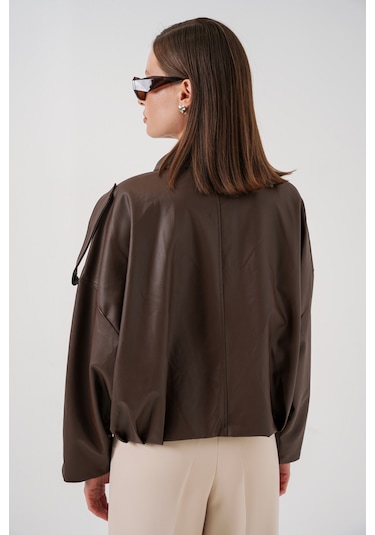 Kadın Oversize Deri Ceket 1055 - Kahverengi Kahverengi