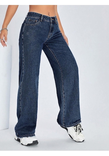 Straight Kadın Denim Pantolon Koyu Yıkamalı Mavi