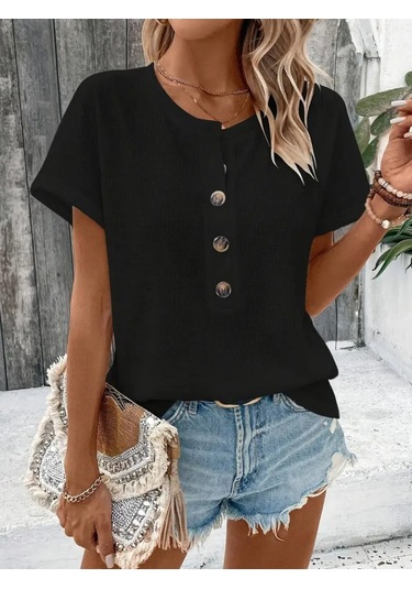 Ge Ticaret Kadın Kısa Kollu Yakası Açık Önden Düğmeli Waffle Bluz Siyah