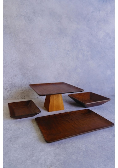 Justwood 4 Lü Ligna Ahşap Rölyefli Dikdörtgen Sunum Seti 22 Piramit, 16x26, 18x18, 12,5x17 Cm Servis Seti Koyu Kahverengi