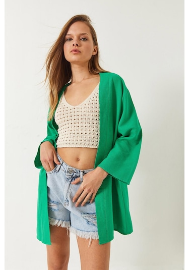 Shade Kadın Keten Dokulu Kısa Basic Kimono 60261496 - Yeşil