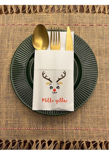 Geyik Mutlu Yıllar Baskılı Yılbaşı Kanguru Cepli Peçete Beyaz12 Adet