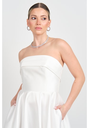 Doridorca Kadın Straplez Uzun Abiye Elbise 6068 Beyaz Beyaz