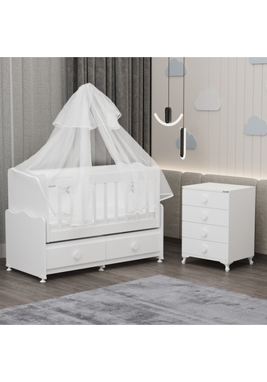 Garaj Home Elegant Mdf Çıtalı Beşik + Şifonyer Uykuseti - Beyaz Beyaz