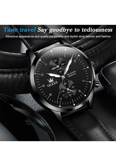 Olevs 2880 Erkekler Çok Fonksiyonlu İş Su Geçirmez Deri Kayış Kuvars İzle Siyah