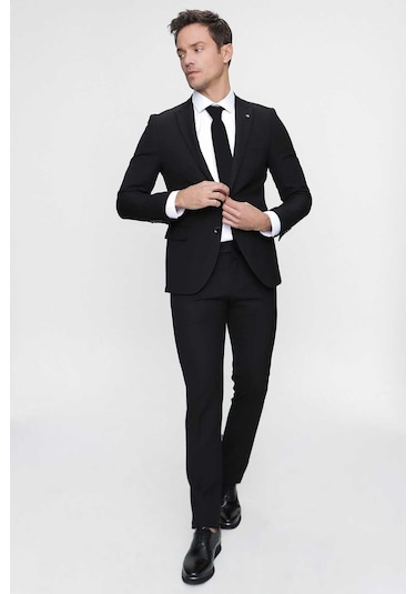 Morven Erkek Basic Düz Slim Fit 3lü Takım Elbise Slim Fit - 542408291 - Siyah