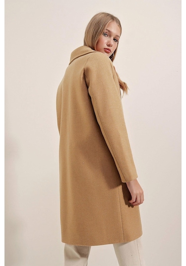 Giyim Dünyası Kadın Tek Düğme Kaşe Kaban Hardal