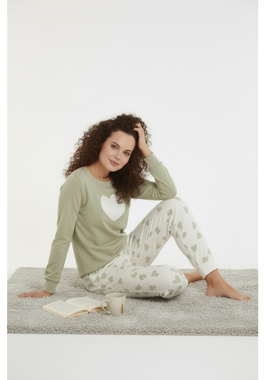 Luxury Thermal Büyük Kalp Desenli Kadın Polar Kışlık Pijama Takımı 42047 Haki