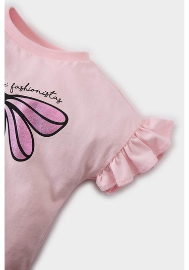 DeFacto Kız Bebek Bisiklet Yaka Baskılı Kısa Kollu Tişört E8385A525SMPN99 Pembe