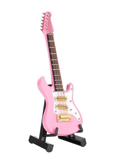 Vkemall 10 Cm Ahşap Pembe Mini Gitar Dekorasyonu - Ornament, Koleksiyon Eşyası Ve Hediye Seti Stand + Kutusu İçerir