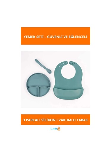 Yeşil Kaymaz Vakumlu 3 Bölmeli Silikon Tabak Diş Kaşıyıcılı Kaşık Ve Ayarlanabilir Mama Önlüğü