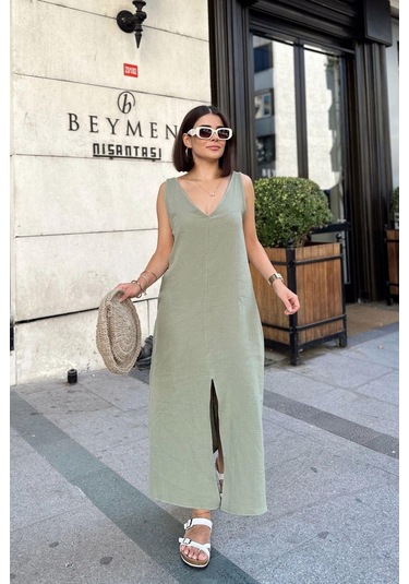 Haki Askılı İthal Müslin Kumaş, Önü Ve Arkası V Yaka, Önden Yırtmaçlı, Maksi/uzun Salaş Elbise Haki