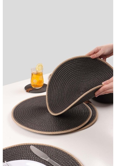 6 Adet Jüt Supla / Amerikan Servis Lux Sunum Tabak Altlığı, Sunum Supla Çeyiz Takımı Örgü Tabak Altı Yanmaz Antrasit