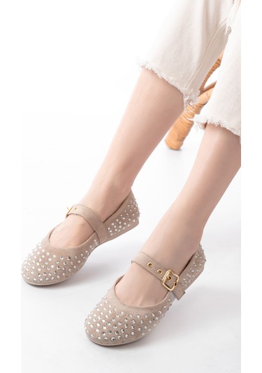 Dm-6020 Bej Troklu Baret Tokalı Günlük Kadın Babet Beyaz