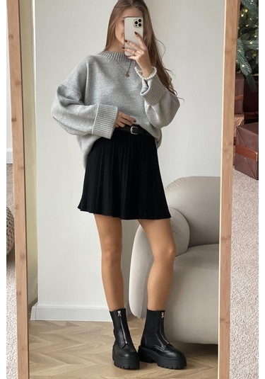 Gri Bisiklet Yaka Oversize Triko Kazak Mg1972 Gri