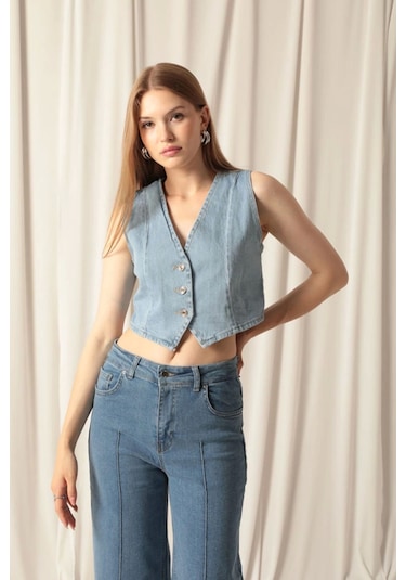 Saklımoda Denim Kumaş Kadın Mavi Kot Yelek Çok Renkli