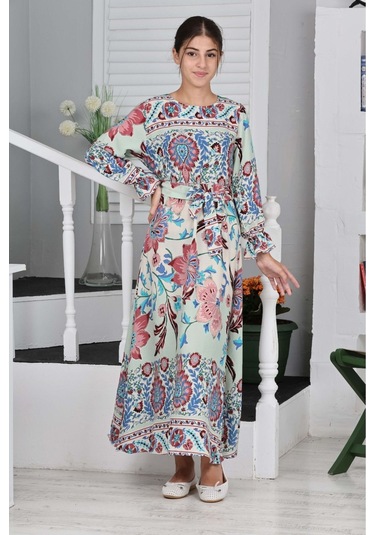 Kız Çocuk Viskon Kumaş Desenli Uzun Elbise Yeşil