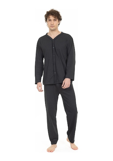 Erkek Boydan Düğmeli Yüksel Kalite Pamuk Pijama Takımı 16511-koyu Gri Koyu Gri