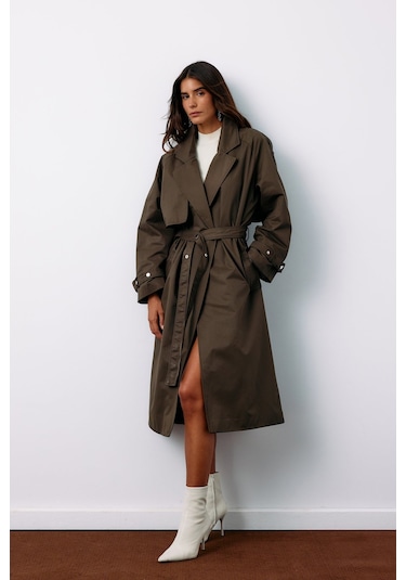Sateen Kuşaklı Uzun Trençkot - Haki-135125 Haki