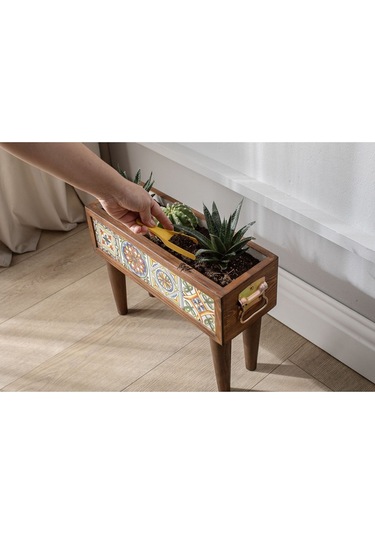 Halohope El Yapımı Ayaklı 4 Çinili Dekoratif Modern Ahşap Dikdörtgen Bahçe Balkon Saksı Saksılık Çiçeklik