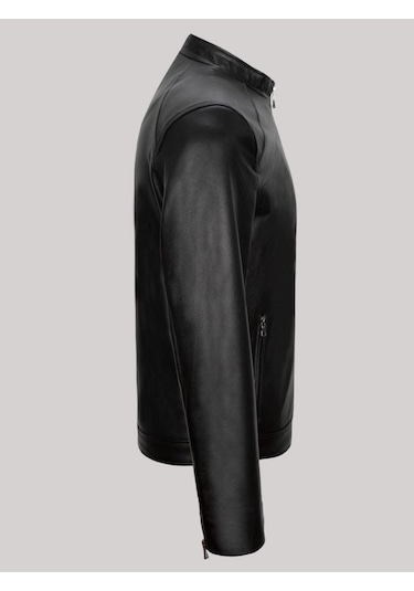 Hakiki Kuzu Derisi Siyah Erkek Deri Mont Kolları Fermuarlı Deri Ceket Siyah