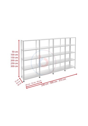 Rafburada 5 Katlı 4'lü Galvaniz Çelik Raf - Depo, Arşiv, Kiler, Dosya, Market Rafı-43x75 cm-300 cm-1.00 mm