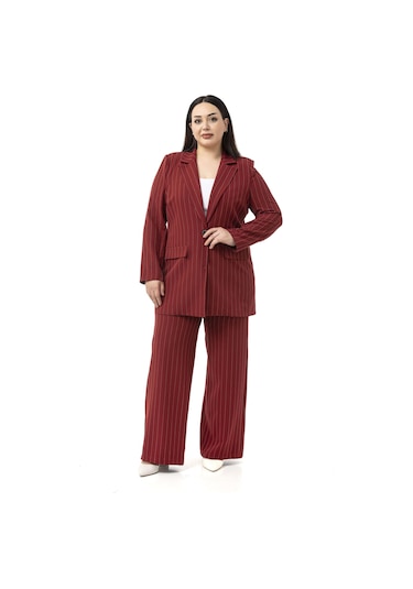 Büyük Beden Çizgili Bordo Ceket Pantolon İkili Takım Bordo