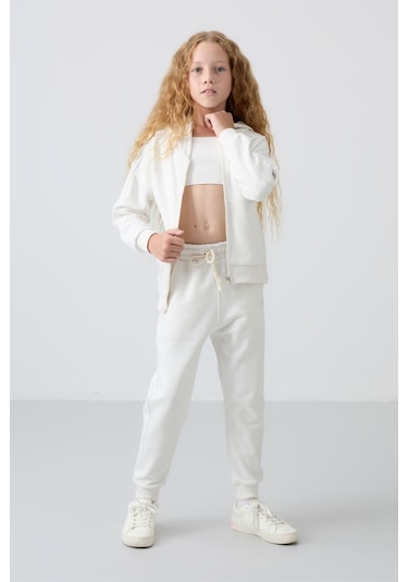 Tommy Life Ekru Pamuklu İçi Tüylü Yumuşak Dokulu Standart Fit Nakışlı Kız Çocuk Eşofman Takım - 75148 Ekru