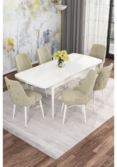 Mona Beyaz 80x132 Açılabilir Mdf Masa Yemek Odası Takımı, Mutfak Takımı 6 Adet Sandalye Beyaz Masa - 6 Krem - Beyaz Ayak