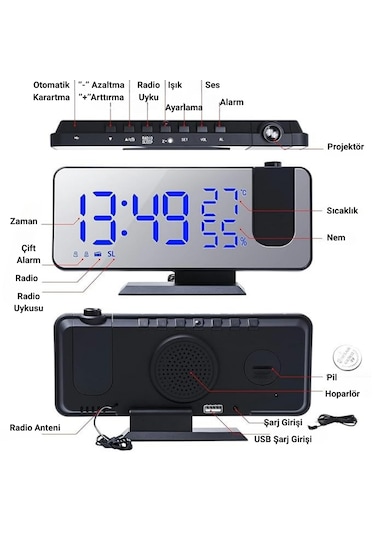 Fm Radyolu Led Projeksiyonlu Alarm Saat Usb Ayna Tasarım