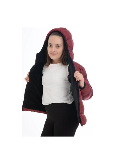 Kız Çocuk Polarlı Kürklü Kapüşonlu Su Geçirmez Rüzgara Dayanıklı Cepli Şişme Kışlık Mont Bordo