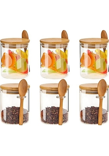 Qerhome Borosilikat Cam Bambu Kapaklı Ve Bambu Kaşıklı Baharat Seti 6 Adet 450ml ŞEffaf
