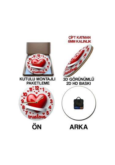 True Love Kalpli Mdf Duvar Saati 33 Cm, 3d Görünümlü, Sessiz Mekanizma, Romantik Tasarım Sdw244 Renkli