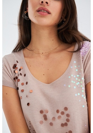 Peraluna Yazlık Boncuk Işlemeli Ince Elbise Bej Bej