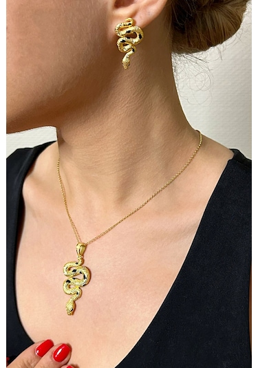 18k Altın Kaplamalı 925 Ayar Gümüş Yılan Set - 67021702 Altın