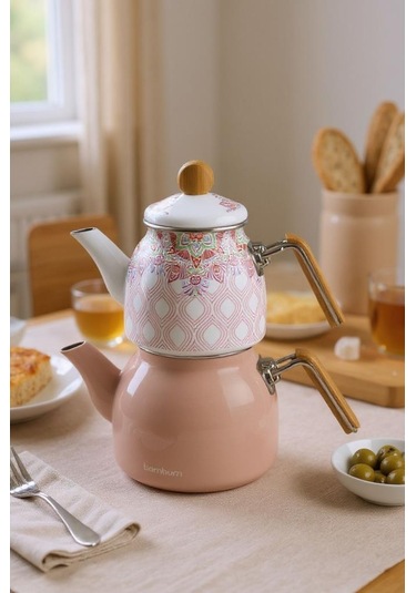 Bambum Unique - Bambu Kulplu Emaye Çaydanlık Takımı Pembe