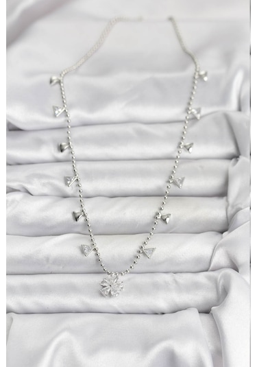 Pirinç Gümüş Renk Zirkon Taşlı Çiçek Model Kadın Kolye Renkli