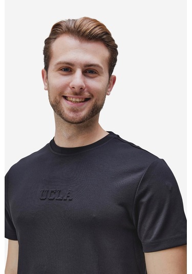 Canary Siyah Bisiklet Yaka Gofre Baskılı Modal Kumaş Standard Fit Erkek Tshirt Siyah