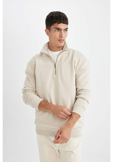 DeFacto Comfort Regular Fit Rahat Kalıp Fermuarlı Dik Yaka Basic Düz Sweatshirt X7405AZ24AUBG735