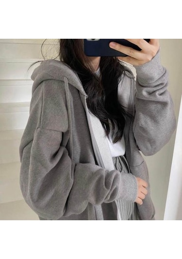 Koyu Gri Kadın Kış Ceket Fermuar Kapatma Kalın Kapşonlu Uzun Kollu İpli Gevşek Düz Renk Cepler Elastik Manşet Bayan Sonbahar Ceket Koyu Gri