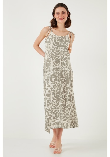Lela Regular Fit Ip Askılı Uzun Bayan Elbise 5865732 Ekru-Olive