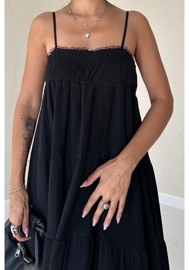 Siyah Askılı Parçalı Müslin Elbise Siyah