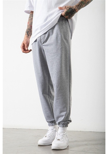 Smile Face Gri Jogger Eşofman Altı - Paça Baskı Detaylı Lastik Paça Baskılı Rahat Tarz Gri