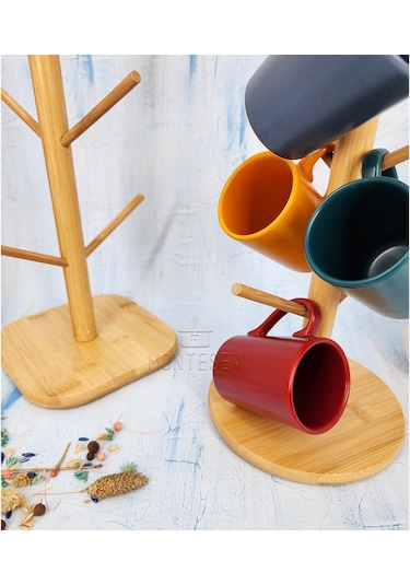 Ahşap Bambu Bardak Kupa Fincan Askılığı Askısı 6 Askılı 2 Adet