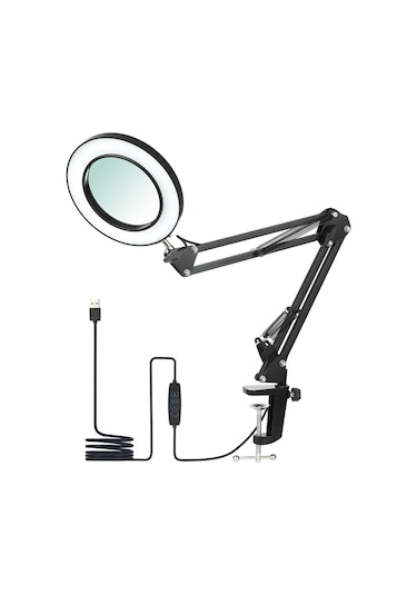 Jms Tomshine 8x Büyüteç Salıncak Kolu Kısılabilir 3 Renk Esnek Kelepçeli Masa Lambası Siyah