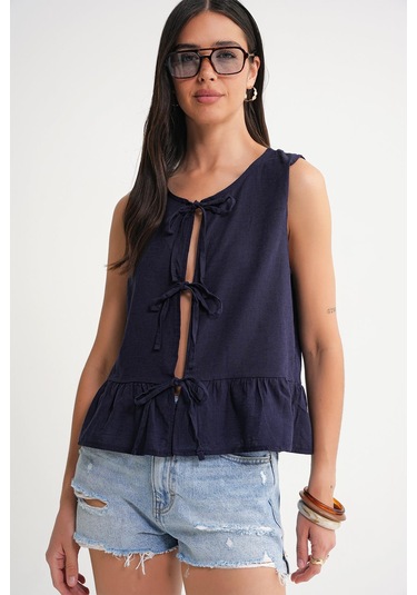 4717 Kadın Önü Bağcıklı Fırfırlı Kolsuz Keten Bluz Lacivert Lacivert