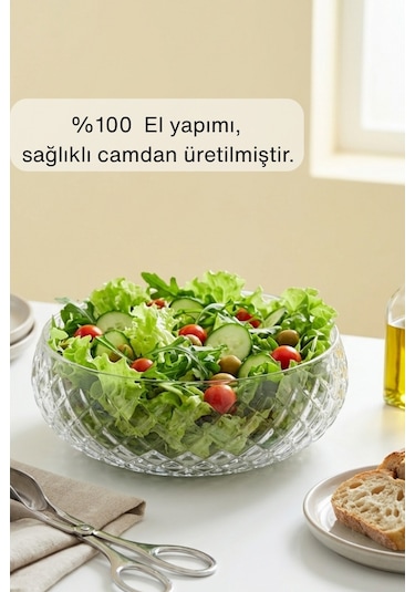 Selen Concept Kafes Model El Yapımı Orta Boy Cam Salata Kasesi Şeffaf