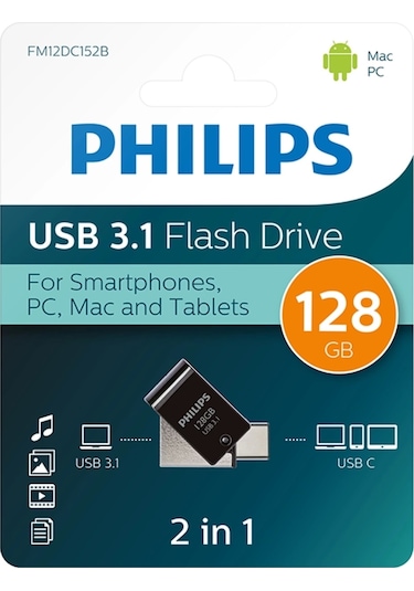 Flash Bellek 128 Gb Mini Usb Ve Type-c 3.1 Philips Gece Siyahı