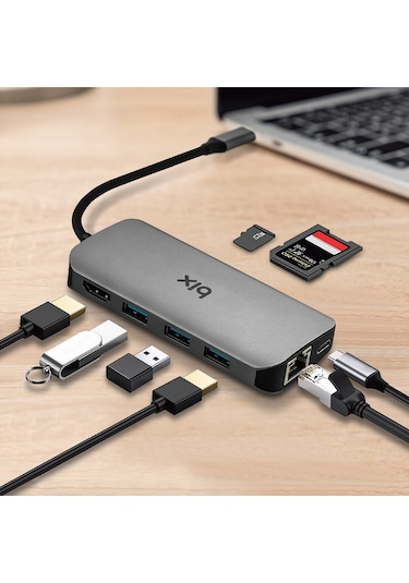 Bix BX10HB 5Gbps Type-C to 4K 30Hz HDMI Ethernet USB 3.0 PD SD TF Kart Okuyucu Dönüştürücü Adaptör Hub