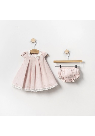Yazlık Yakası Fistolu Külotlu Bebe Kız Elbise Pembe